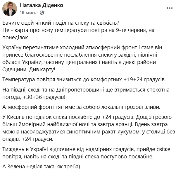 Прогноз погоди від Діденко на 9 червня