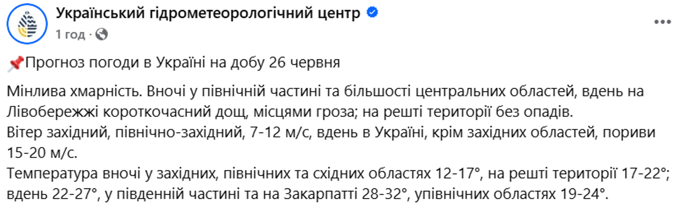 Погода в Україні на 26 червня